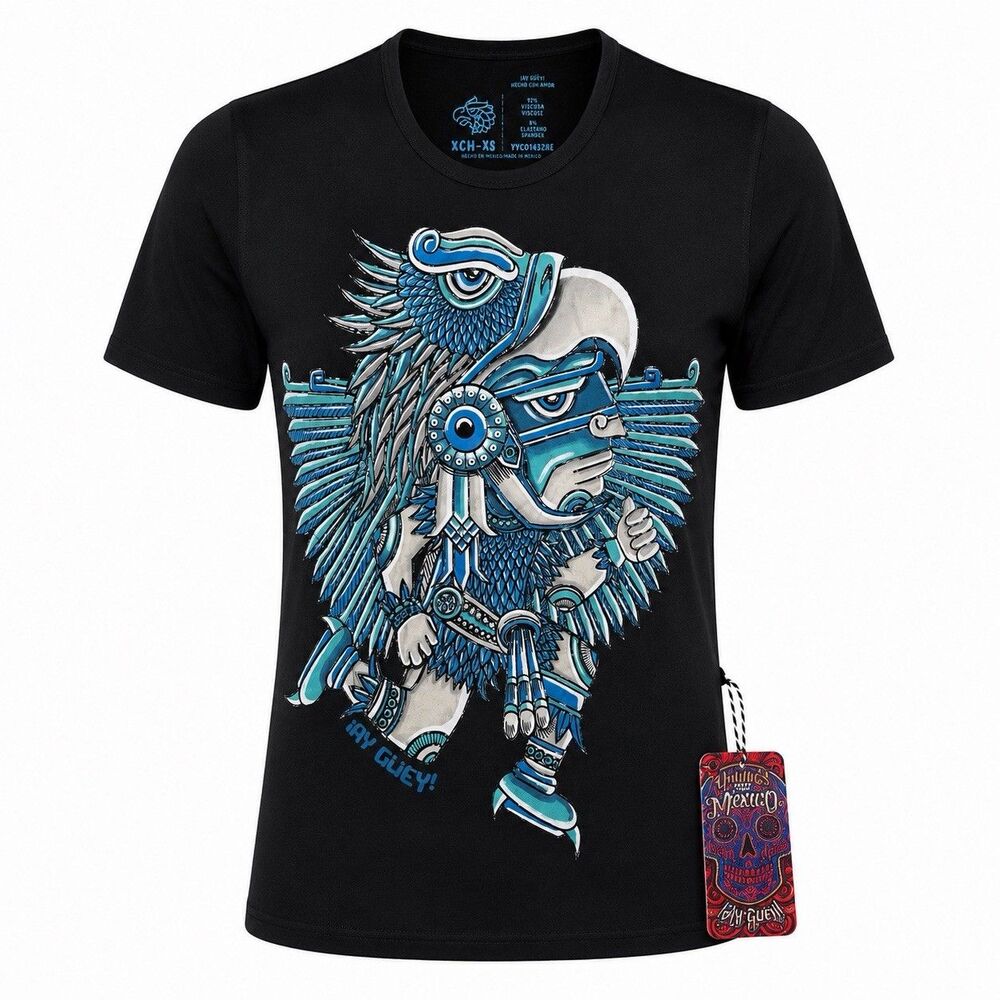 Ay Guey Mexico Eagle Warrior Graphic Tee Men XS Black Blue Aztec Mayan Shirt NWT
